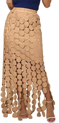 Kissonic Womens Long Fringe Maxi Skirt Summer Hollow Out Boho Elastic High Waist Skirt(Khaki-L)
