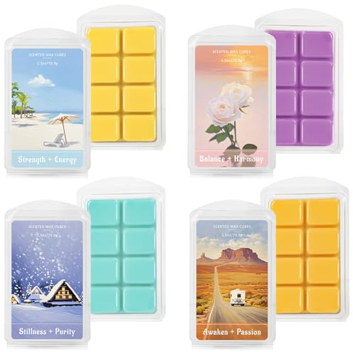 Scent-Hi Duftwachswürfe, Duftwachs, Wachswürfel - Natürliches Soja | 4 Düfte Wachstörtchen, Schwarze Johannisbeere Erdbeere, Grüner Tee Zitrone, Himbeere Orange, Suzuran Ozean, Raumduft, Arom