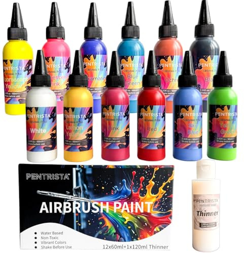 PENTRISTA Airbrush Farbe, 12 Farben mit Verdünner Airbrush Lack Set | Luftbürste Farben für Leinwand, Modelle, Kleidungsdesign, bereit zum Sprühen, 60ml/Flasche