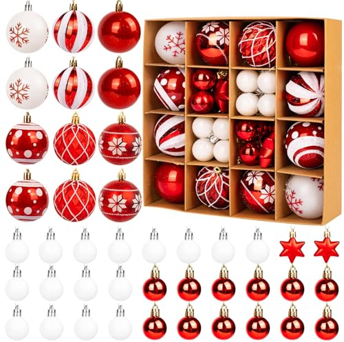 44pcs White and Red Christmas Tree Decorations Christmas Baubles Set, Xmas Baubles Decor Pendants Hanging Balls Ornaments Xmas Tree Decorations for Home Office School Holiday Decor Crafting