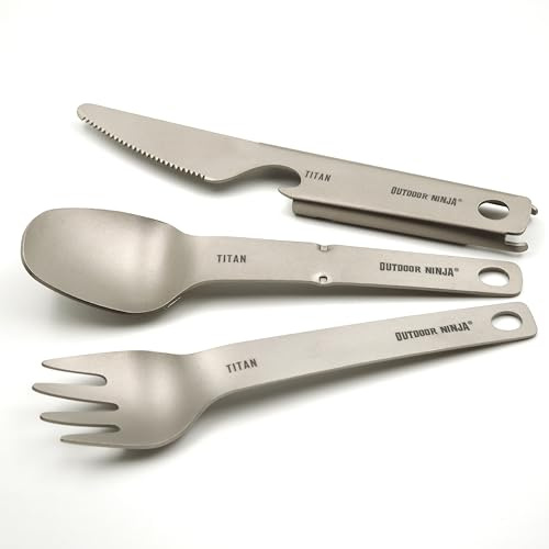 Outdoor Ninja Titan Mini Besteckset Ultraleicht 39 g | 13 cm | Löffel, Gabel, Messer mit Flaschenöffner für Wandern, EDC & Camping