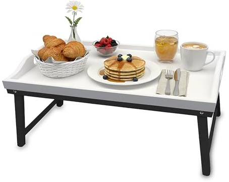 Relaxdays Betttablett, Bambus, HxBxT: 20 x 50 x 30 cm, Serviertablett mit Füßen, Griffe, Frühstück im Bett, weiß/grau