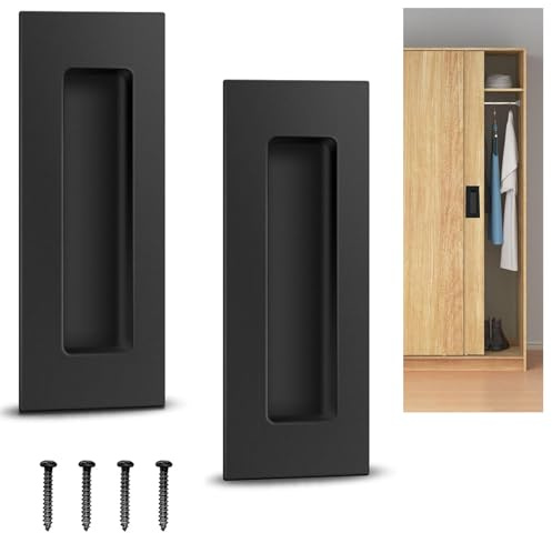 2 Pack Sliding Door Handles, 150mm Pocket Door Pull Handles, Stainless Steel Recessed Flush Door Handles, Recessed Barn Door Handle for Barn, Pocket Door,Kitchen,Cupboard,Cabinet,Closet, Black