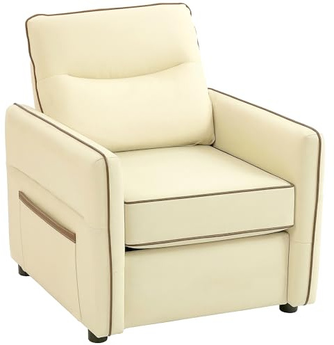 HOMCOM Butaca de Salón Tapizada en Cuero Sintético, Sillón Relax Moderno con Asiento Ancho, Acolchado Grueso, Reposabrazos y Bolsillo Lateral para Dormitorio, Sala de Estar, Carga 120 kg, Beige