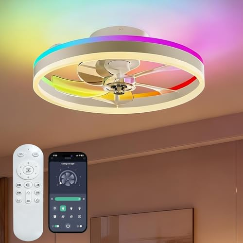 RGBCW Ceiling Fan with Lights, 60cm Smart LED Ceiling Fan Light Fully Assembled, 10 Dynamic RGB Modes, App/Remote Control, 7000LM Dimmable, 6 Speeds, Ultra-Quiet Flush Mount Fan Light for Bedroom