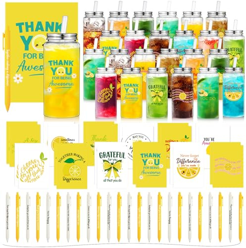 AmazingSpark 72 unidades de regalos de agradecimiento de limón de 13.5 onzas, tazas de agradecimiento a granel con tapas, popotes, cuadernos inspiradores, bolígrafos motivacionales para compañeros de