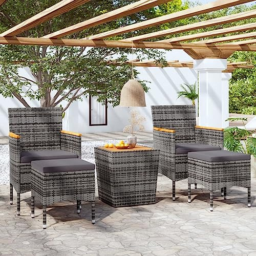 RMIHSJG Ensemble bistro de jardin 5 pièces en rotin synthétique et bois massif d'acacia gris avec 2 tabourets et coussins, meubles d'extérieur résistants aux intempéries pour terrasse, ensemble stable