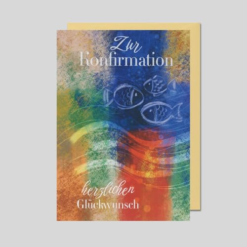 Michel Verlag Glückwunschkarte KONFIRMATION | Moderne Konfirmationskarte mit christlichen Symbolen und Segenswünschen | Hochwertige Grußkarte klassisch | 12x17cm, Made in DE (Fische mehrfarbig)