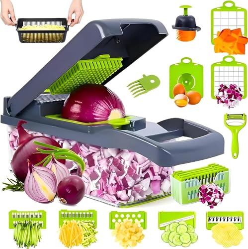16-in-1 Vegetable Chopper and Dicer with Container, Manual Onion Chopper, Potato Cutter, Mandoline Slicer & Julienne Grater, Plastic & Stainless Steel, Gray & Black, Hand Guard