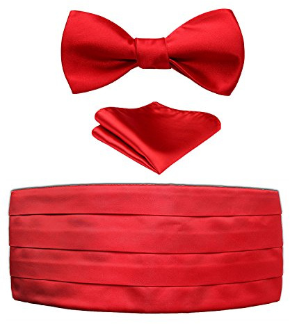 HISDERN Herren Kummerbund Rot mit Fliege und Einstecktuch Formelle Satin Einfarbig Kummerbunde für Männer, 3er Set Schärpe Verstellbar Band