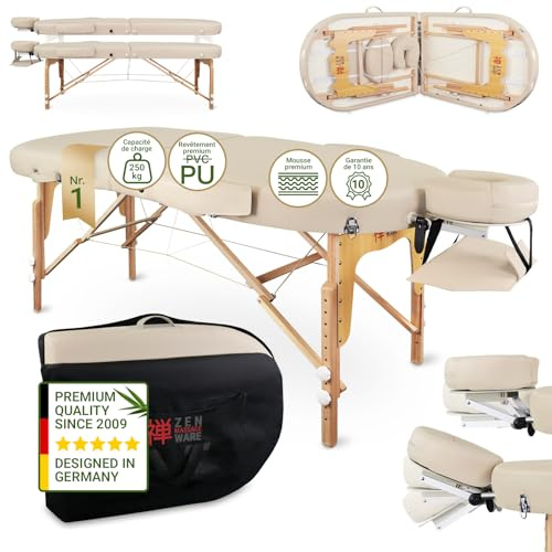 Zen Oval Massageliege klappbar, mobil - stabile Massagetisch, Kosmetikliege, Tattoo Liege aus Holz, Massagebank Behandlungsliege inkl. Tasche, Armlehne, Alu-Kopfstütze für Physiotherapie Cremé