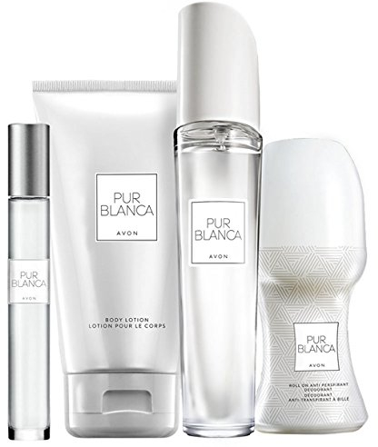 Avon Pur Blanca Parfumset 4 tlg. Eau de Parfum Spray/Bodylotion/Deoroller/Parfumroller blumig/frisch +weihnachtliche Geschenktasche