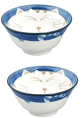 JapanBargain, Set of 2 Japanese Porcelain Bowls Serving Soup Rice Noodle Udon and Salad, Maneki Neko Smiling Cat Pattern, 18 fl.oz, 6-inch, Blue Color, Made in Japan