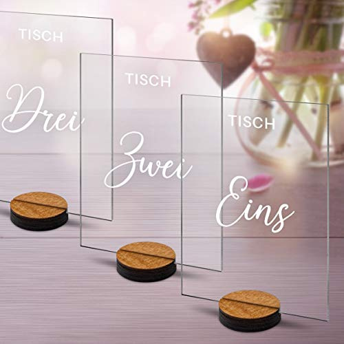 Hochzeit Tischnummern Acrylglas mit Lasergravur Milchig-Weiß Inkl. Standfuß Party Deko Set wählbar Rechteck - Schwungvoll Elegant (1-10)