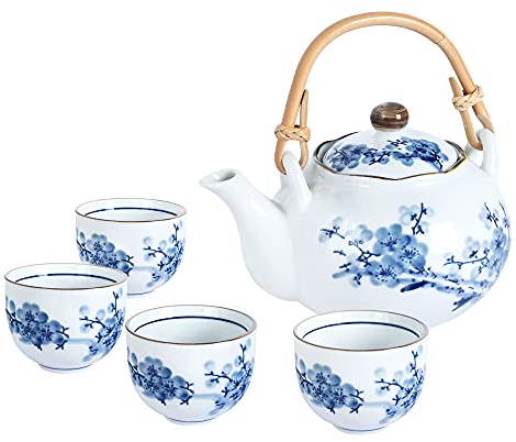 fanquare Servizio da Tè in Porcellana Giapponese Bianca e Blu, Servizio da Tè con Fiori di Prugna, Teiera in Ceramica con Manico in Rattan e 4 Tazze