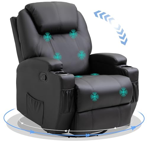 HOMCOM Recliner Chair, Recliner Massage Rocker Chair with 360° Rotate, 165° Reclining Function, Adjustable Footrest, Swivel Armchair Single Sofa for Living Room with Drink Holders, Side Pockets, Black