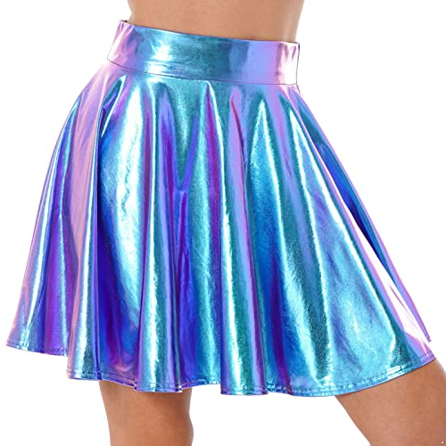 iEFiEL Damen Metallic Minirock Glänzende Rock Plisseerock Silber Skater Rock Mini Faltenrock Y2K Tanzrock Faschingskostüm Blau A M