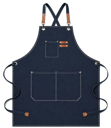 jiuzcare Delantal de Cocina para Hombre y Mujer, Tejido Oxford Azul con Correas Cruzadas Ajustables, 3 Bolsillos, Lavable a Máquina, para Barbacoa, Restaurante, Cafetería y Manualidades