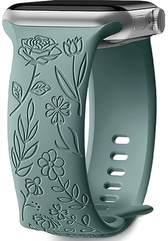 Mastten Floral Engraved Strap Compatible with Apple Watch Straps 38mm 40mm 41mm 42mm Women, Soft Silicone Elegant Rose Floral Band for iWatch SE 3 2 1 Series 11 10 9 8 7 6 5 4 3 2 1, Pine Green