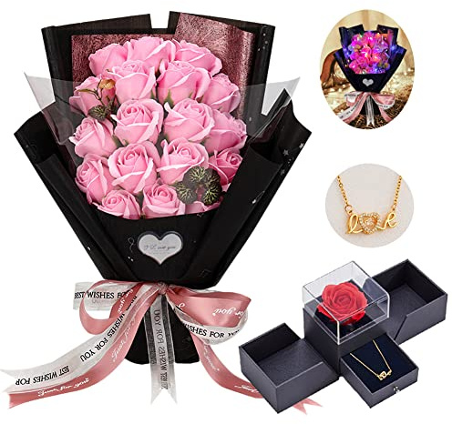EIGHTOWN Künstliche Rosenstrauß – konservierte rosa Blumen mit Liebe Halskette für Sie – einzigartige Geschenke Valentinstag, Muttertag, Erntedankfest, Geburtstag, Jahrestag ..
