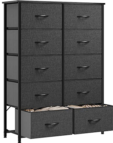 YITAHOME Kommode, Kommode mit 10 Schubladen, Stoffkommode für Schlafzimmer, Wohnzimmer, Schrank,Stabiler Stahlrahmen, Leicht zu Ziehen, Stoffkörbe und Holzoberfläche, Schwarzgrau