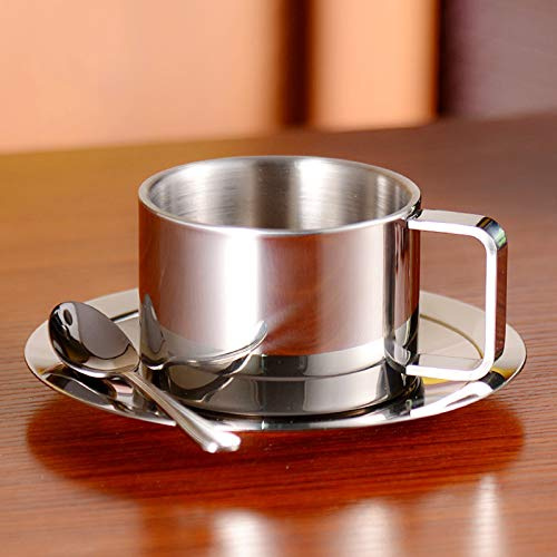 Serlium Stainless Steel Insulated Coffee Cup, Double Wall Coffee Mug Spoon Saucer Set Kitchen Supplies