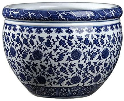 DSHUB Macetero de cerámica para interior, maceta de cerámica azul y blanca de porcelana con diseño vintage oriental, maceta impresa a mano, maceta decorativa para el