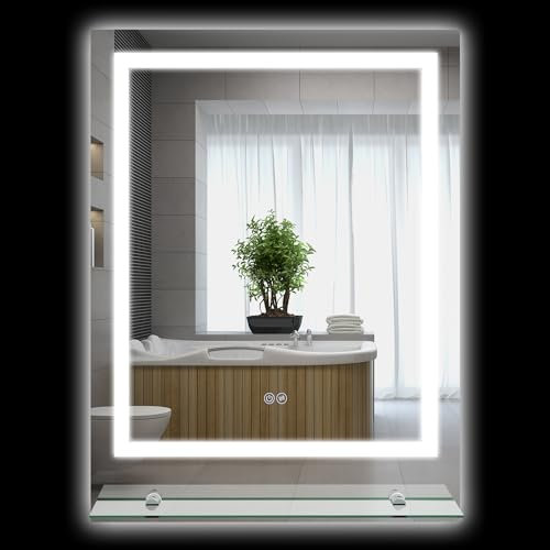 kleankin Miroir Lumineux LED rectangulaire Miroir Mural avec étagère de Salle de Bain 80 x 60 cm luminosité réglable Anti-buée Interrupteur Tactile