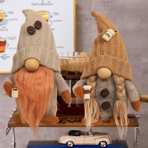 DZAY Kaffee Wichtel Figuren Frühlingdeko,Sommer Gnom Figur Dekoration Plüschzwerge Wichtel Muttertag Frühling für Bauernhaus Kaffee Wichtel Frühlingsdeko,Bauernhaus Küche Osterdeko (2 Stück,Khaki)