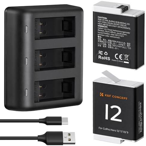 K&F Concept Gopro Hero 12 Battery 2-Pack Enduro Battery and 3-Channel Fast Battery Charger for Gopro Hero 12 11 10 9 Black 1730mAh