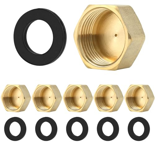 QWORK® 6 Stück Messing Kappe, Eckventil Kappe, Sechseckige Messing-Schlauchkappen, 3/4 Zoll Innengewinde-Endkappen mit Unterlegscheiben, für Rohre, Wasserhähne und Heizkörperventile