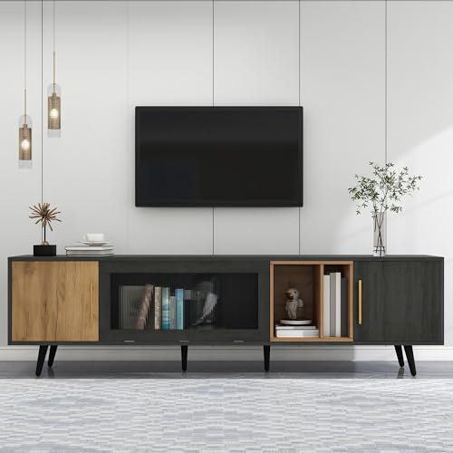 Rtopsu Mobile TV, Tavolo TV Basso per TV Fino a 90 Pollici, Scaffale TV con 3 Ante e 4 Vani Portaoggetti Mobile per Soggiorno Sala da Pranzo Camera da Letto, 200x40x55.5 cm, Legno, Grigio & Marrone