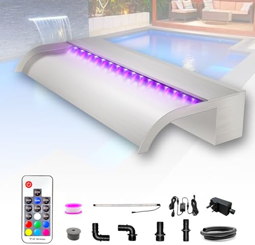 LONGRUN 60cm Teich Wasserfall Klingen Set, 304 Edelstahl Gebogener Wasserfall mit 7 Farben LED und Fernbedienung, Breite 25.5cm