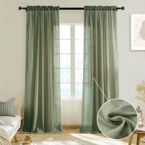 Melodieux Sage Green Sheer Curtains 108 Inches Long for Living Room, Elegant Cotton Linen Light Filtering Sheer Drapes, Bedroom Farmhouse Rod Pocket Crepe Voile Curtains, 52”W x 108”L, 2 Panels