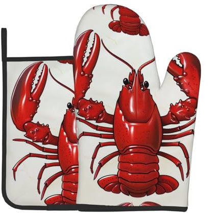 Set di 2 guanti da forno con stampa aragosta rossa e presine, tessuto resistente al calore, impermeabile, ideale per cucina, forno, barbecue, idea regalo