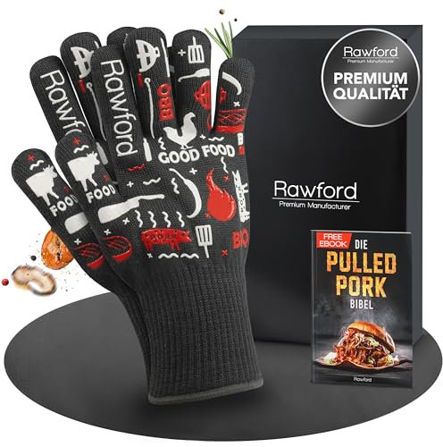 Rawford Grillhandschuhe hitzebeständig – Grillhandschuh & Grill Handschuhe mit Silikon-Grip – feuerfeste Handschuhe Kamin, BBQ- und Ofenhandschuhe Größe S mit Aufhängschlaufe & Innenfutter