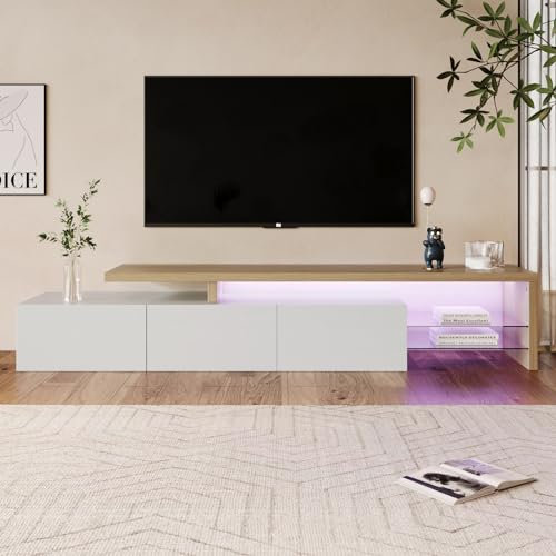 KeepGoon Mueble para TV de 200 x 39 x 42 cm, práctico espacio de almacenamiento, 3 armarios, aspecto brillante, iluminación LED, estantes de cristal integrados, gabinete de TV (blanco y color madera)