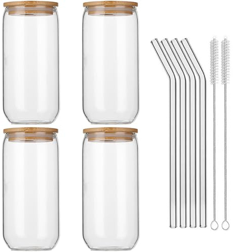 Cnwinu Eiskaffeetassen-Set, 473 ml, selbstgemachte Trinkgläser, mit Glas-Trinkhalmen und Bambusdeckeln, hält Wasser, Milchtee, Bier, Eiskoks, Cocktail, Kaffeeglas (4-teiliges Set)