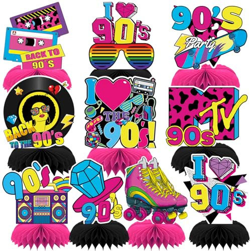 DTOFOOT 10 Stück 90er Jahre Party Dekorationen, 90er Jahre Retro Bienenwaben Disco Deko Tischaufsätze Vintage Party Deko 1990er Tischdekorationen Partyzubehör für Geburtstag Motto Party Deko | Einfache Montage, Papieraufsätze, Back to 90er-Jahre-Party-Tischaufsätze, 1990er-Jahre-Stil, Geburtstagsparty-Zubehör