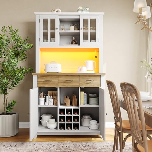 Moimhear Küchenschrank, Hochschrank Küchenbuffet, Vitrinenschrank, Buffetschrank mit Verstellbaren Ablagen, Sideboard mit LED-Beleuchtung, Buffetschrank (Weiß + Holzschublade)
