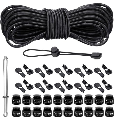 FSWWSF Elastische Gummischnur 3mm Elastisch Faden 30m Gummiseil Rund mit 20 Kordelklemme 20 Kordelstopper 2 Loch und Einfädler für Bekleid Kordelzug Rucksack Cord Wäscheleinen (30M)