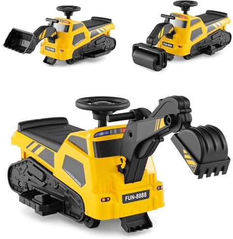 COSTWAY 3 in 1 Kids Ride on Car, 6V Electric Toy Bulldozer Excavator with Adjustable Arms, Music, Horn, USB/AUX, Battery Powered Construction Vehicle for 1.5+ Year Old