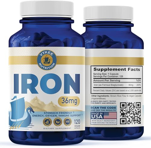 Vykee Nutrition Iron Bisglycinate - 36 mg for Men and Women, Gentle Iron Supplement to Help Maintain Healthy Iron Levels, High Absoprtion, Non-GMO, Gluten-Free - 120 Capsules
