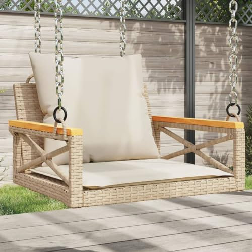 Makastle Hängeschaukel aus PE Rattan, Hängesessel Schwebesessel 1-Sitzer Hängebank Gartenschaukel Schaukelbank mit Sitzkissen, Beige 63x62x40 cm