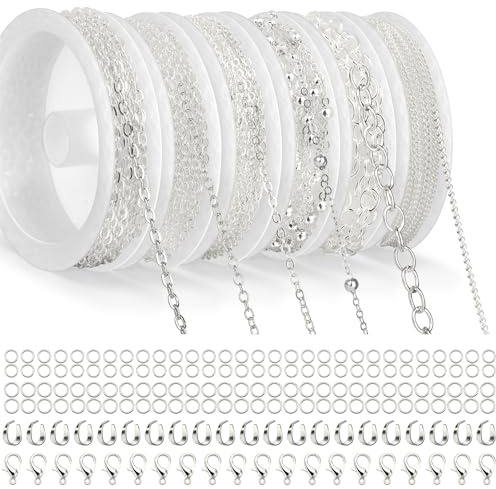 Draupnir 14m 6 Rollos Cadenas Hacer Joyas, Cadena de Collar Plata Kit Cadena Eslabones con Cierres de Langosta, Anillos de Salto y Cierre en Forma de U para Accesorios DIY Hacer Joyas