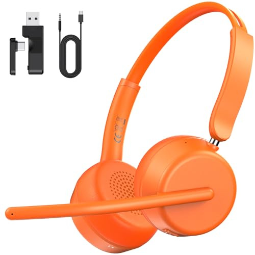 syndesmos Wireless Headset with Microphone, Bluetooth Headset Multipoint Connection, Adjustable Headband PC Headphone, Office Headsets for Business, Call Center, Zoom, Teams (Orange)