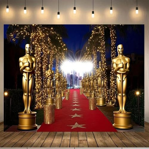 EIN Red-Carpet-Partybanner mit Einer goldenen Oscar-Trophäe, geeignet als Hintergrunddekoration und Foto-Requisite. 300cmx200cm