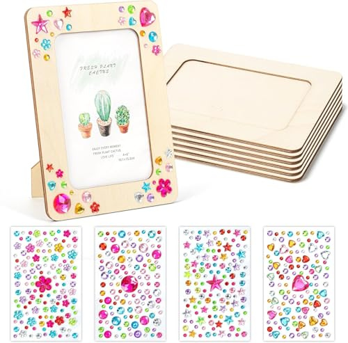 comvastars Set med 6 träbildramar för målning för barn (14 x 19 cm) | Bildram pysselset med 12 vattenfärger, strass och 3D-klistermärken | kreativt set för självdesign