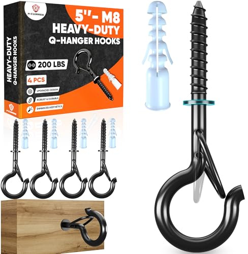 [HIGH-WORKLOAD] 200Lbs 4 Pcs Q-Hanger Hooks M8 with Washer & Safety Buckle, Heavy Duty 5’’ Windproof Screw Hooks for Hanging Plants, Yoga, Lights, Indoor & Outdoor Uses-Expansion Tubes, Screwdriver