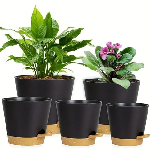 Neuytiky Selbstbewässernde Pflanztöpfe Set 5 Größen (12,7-17,8cm) - Blumentöpfe innen mit Wasserstandsanzeige für Kräuter, Sukkulenten, afrikanische Veilchen - Kunststoff (Schwarz)